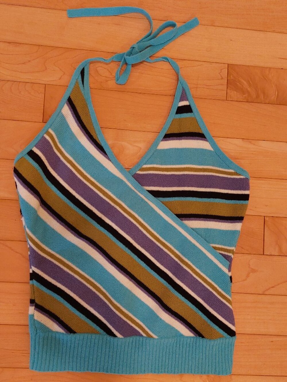 Cute Frenchie Striped Sweater Halter Top Backless Diagonal Colors Sz S